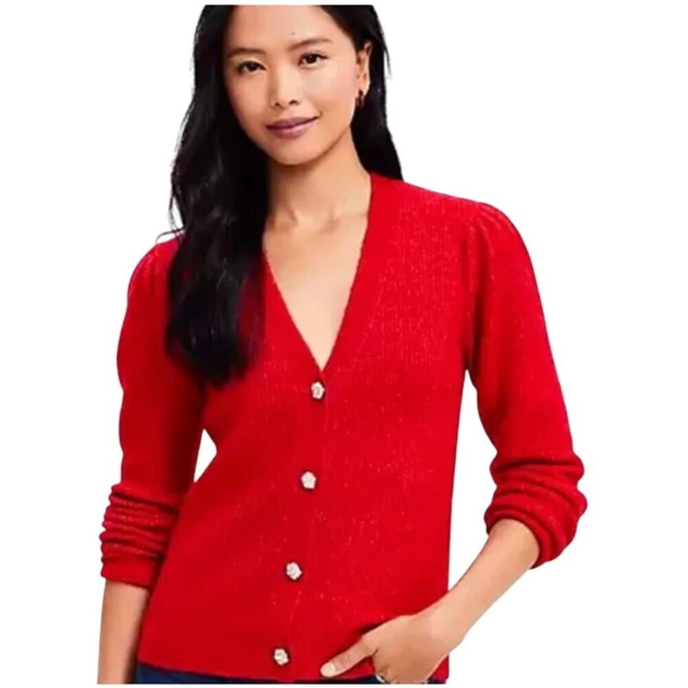 Loft L Womens Jeweled Button V Neck Cardigan Sweater Tango Red Fuzzy Sparkle